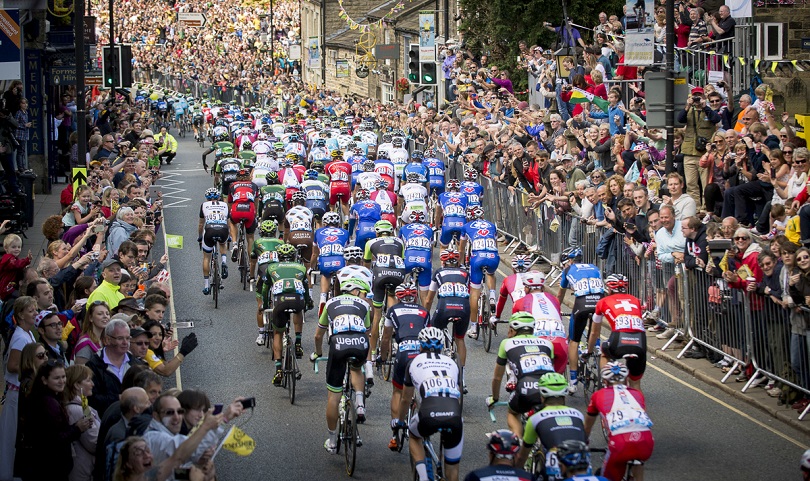 The Grand Départ flies through Ilkley on 5 July 2014.
