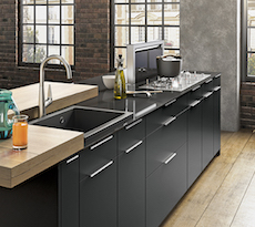 Mobalpa kitchens Melia matt black and glossy greige (island close up) (thumbnail) at Approach PR, award winning agency from Ilkley, West Yorkshire